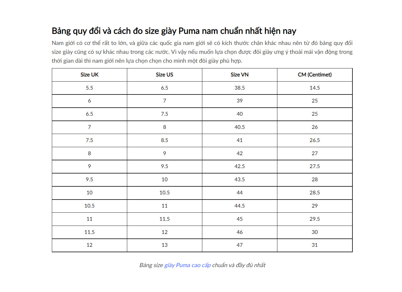 Bảng quy đổi size giày Puma Cobra Golf